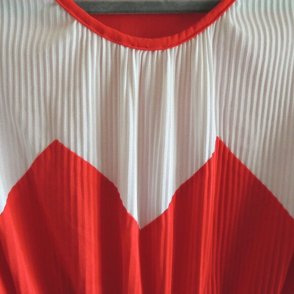 Sandi Dee Vintage 70s Red & White Puff Sleeve Pleat Top Dress  14 L/XL - Picture 4 of 7